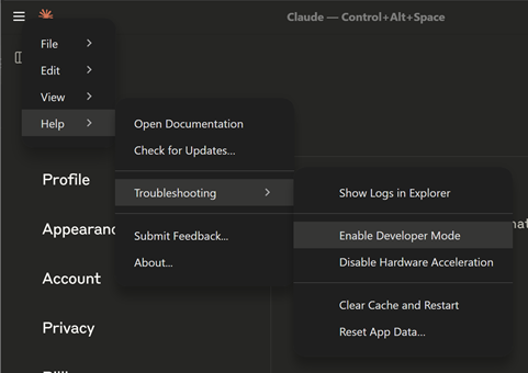"Image shows the Claude Desktop Application menu with Help, Troubleshooting, Enable Developer mode highlighted"